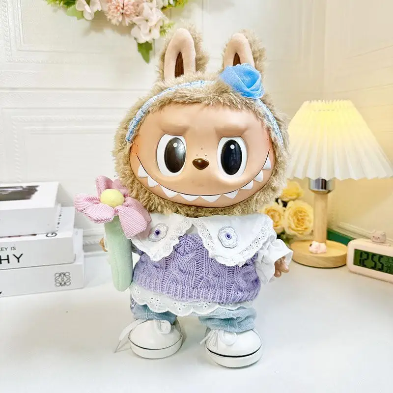 Mini ropa de peluche para muñecas, conjunto de flores, suéter púrpura, accesorios para traje, coreano, Kpop, Exo, Labubu, Idol, Primavera, 38cm