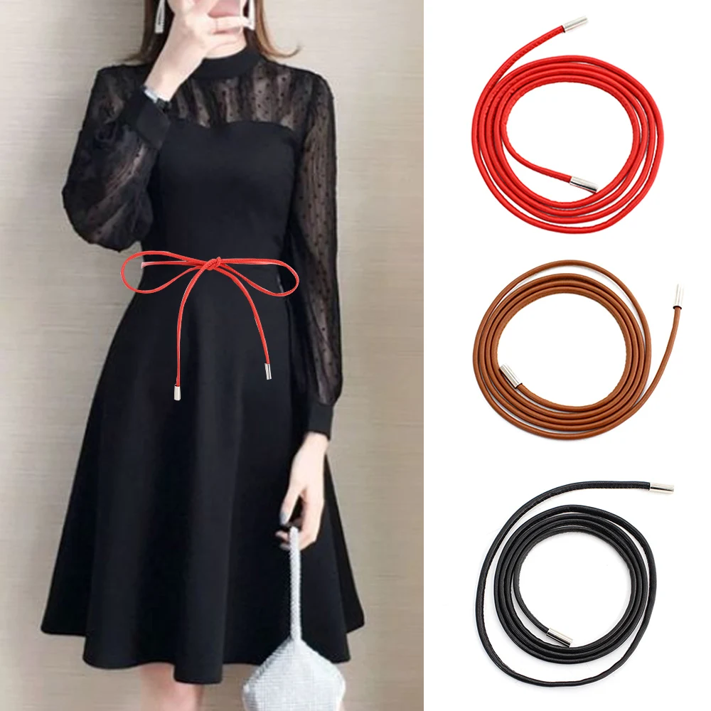 Simple Pu Leather Thin Waist Belt For Women Knotted Long Waist Rope Summer Dresses String Waistband Decoration Lace-up Belt