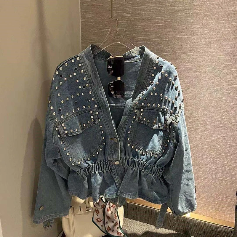 Streetwear Beading Denim Jacket Women Harajuku Diamond Jeans Coats Fashion Korean Grunge Long Sleeve Casual Design Outerwears