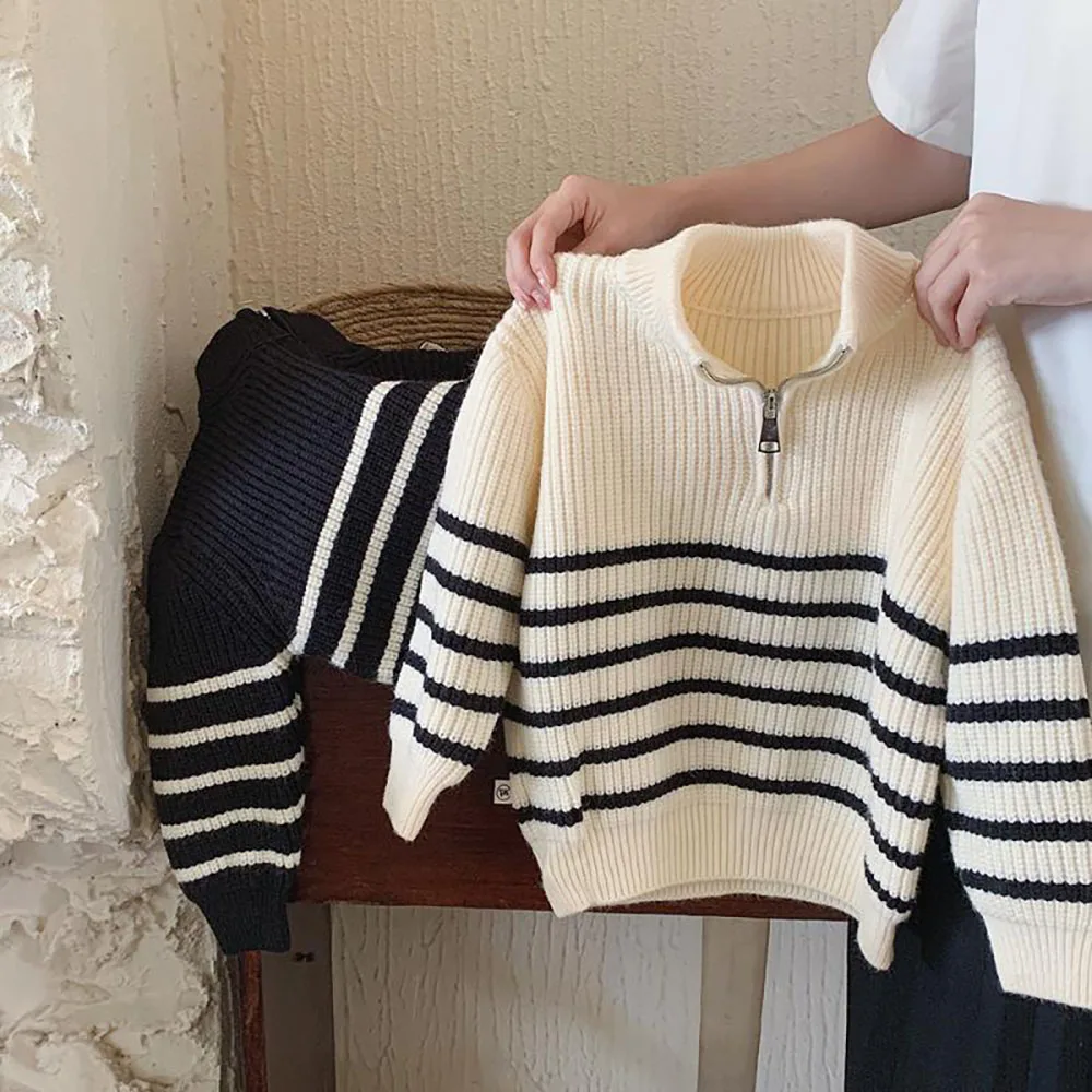 New Korean Children\'s Knit Sweater For Spring Autumn 2024 Baby Boys Girls Striped Long Sleeve Pullover Half Zipper Kids Clothes