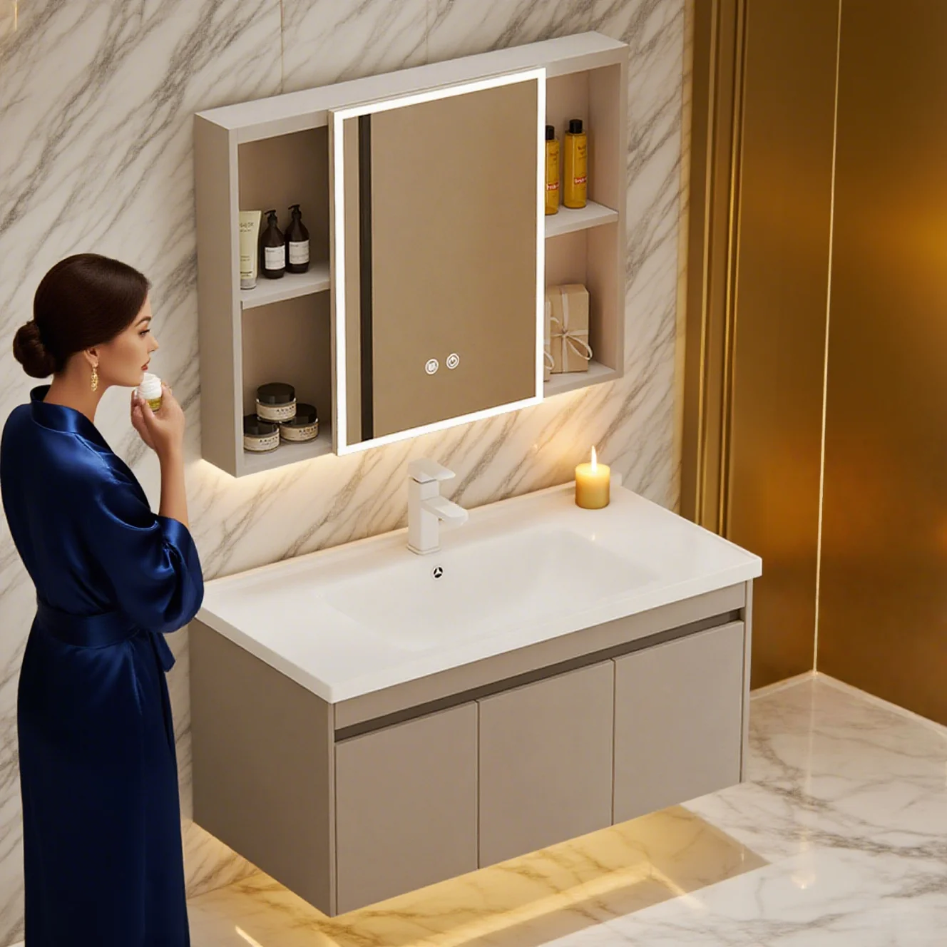 Modern Stainless Steel Floor Standing Bathroom Cabinet with Ceramic Basin and Hotel Sink Model