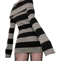 Women Striped Mini Bodycon Dress Stripe Boat-Neck Off Shoulder Long Sleeve Short Dress Spring Autumn Wrapped Hip Party Dress - Image 5