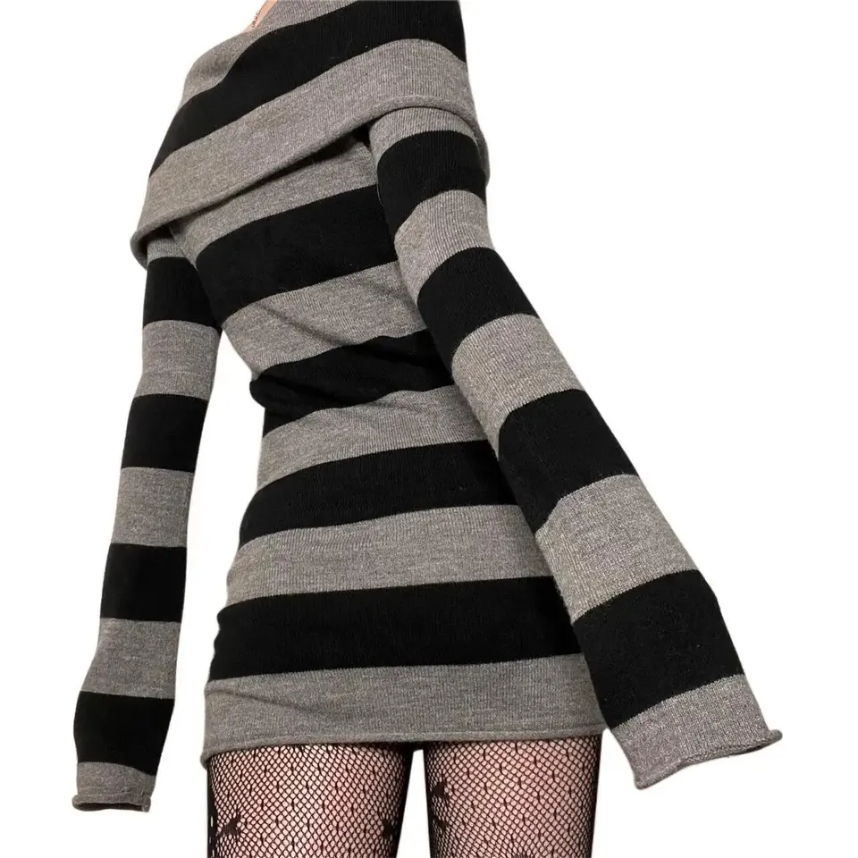 Vestido mini de mujer a rayas, tipo bodycon, cuello barco, manga larga, para primavera y otoño, con abertura, para fiesta 5