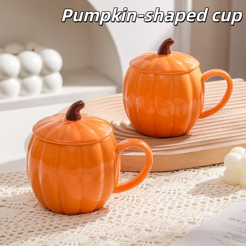 1/2 PCS Cute Pumpkin Ceramic Mug with Lid, 450ml, Coffee Water Milk Oatmeal Cup, Gift for Christmas Halloween Easter Kids