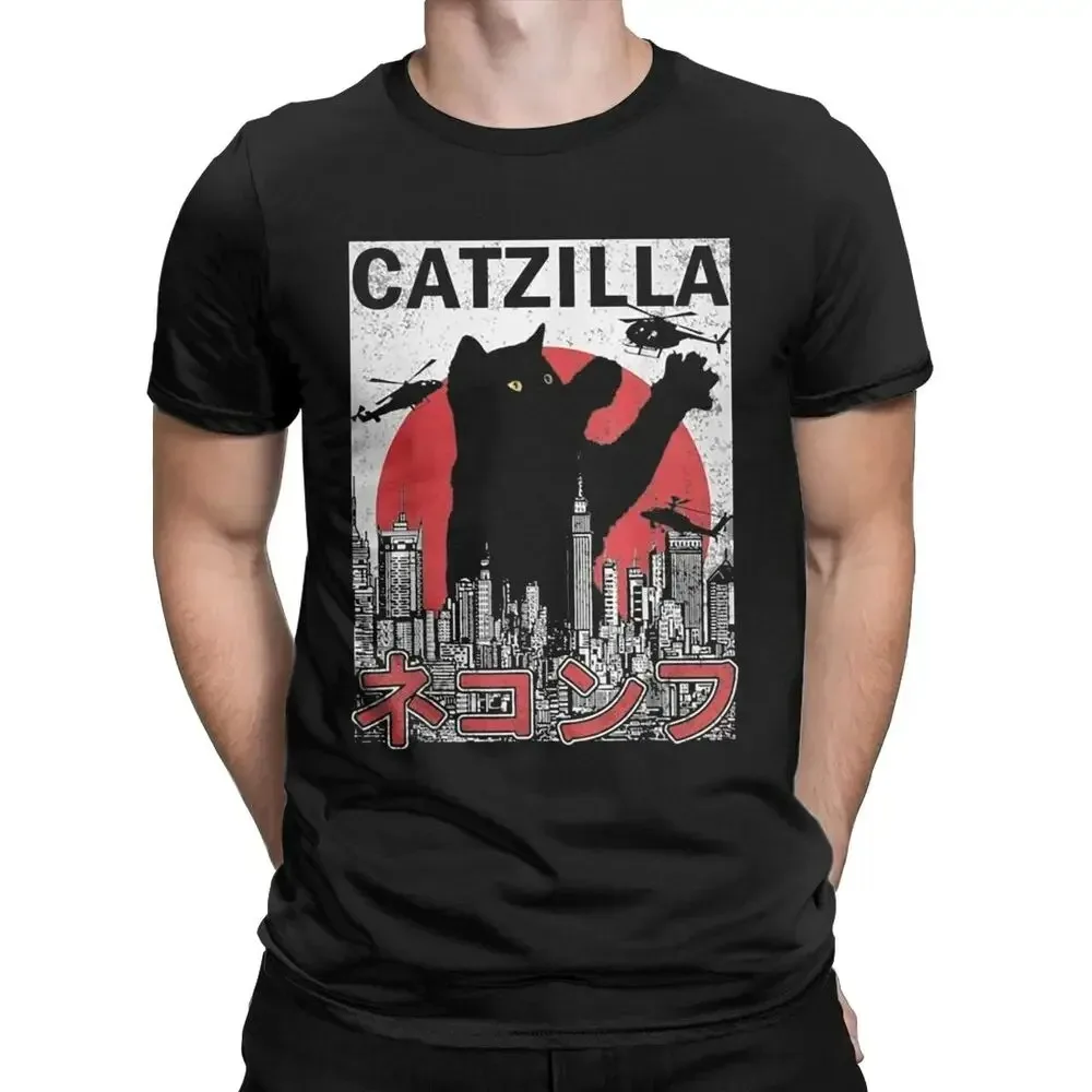 Fashion Vintage Catzilla Monsters Kitten T-Shirts Men Round Neck Cotton T Shirts Cat Short Sleeve Tees Oversized Clothing