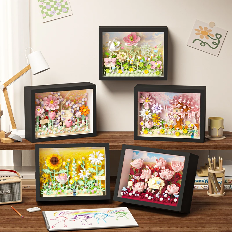 MOC Creative Flower 3D Frame Building Blocks Set, DIY Flower Puzzle with Background Board, Wall & Desk Decor Gift for Girls Kids view 5