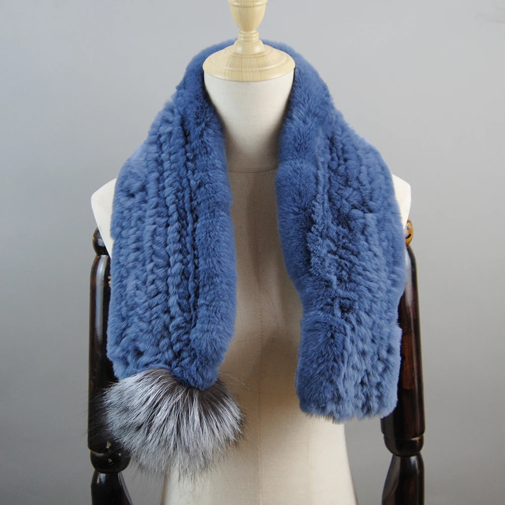 Winter Genuine Fur Mufflers With Fox Fur Pompoms Knitted Real Fur Lady Scarves Women Handmade 100% Natural Rex Rabbit Fur Scarf