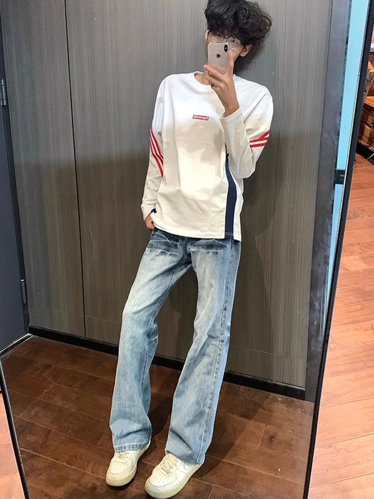 

Waed Lightning Blue Men's Jeans High Street American Sle Cleanfit Straight Leg Knife Casual High Waist Denim Pants