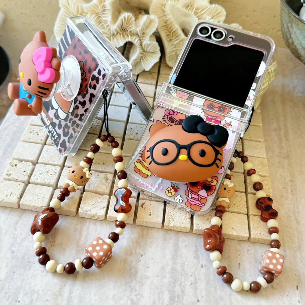 Милый мультяшный чехол Sanrio Hello Kitty с подставкой для телефона Samsung Galaxy Z Flip 6 5 4 3, прозрачный мягкий чехол из ТПУ со шнурком