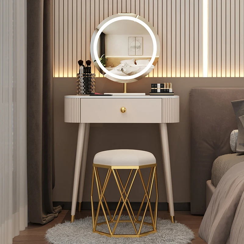 Minimalist White Vanity Table Round Mirror Storage Makeup Vanity Table Luxury Chair Pentiadeira De Maquiagem Home Furniture