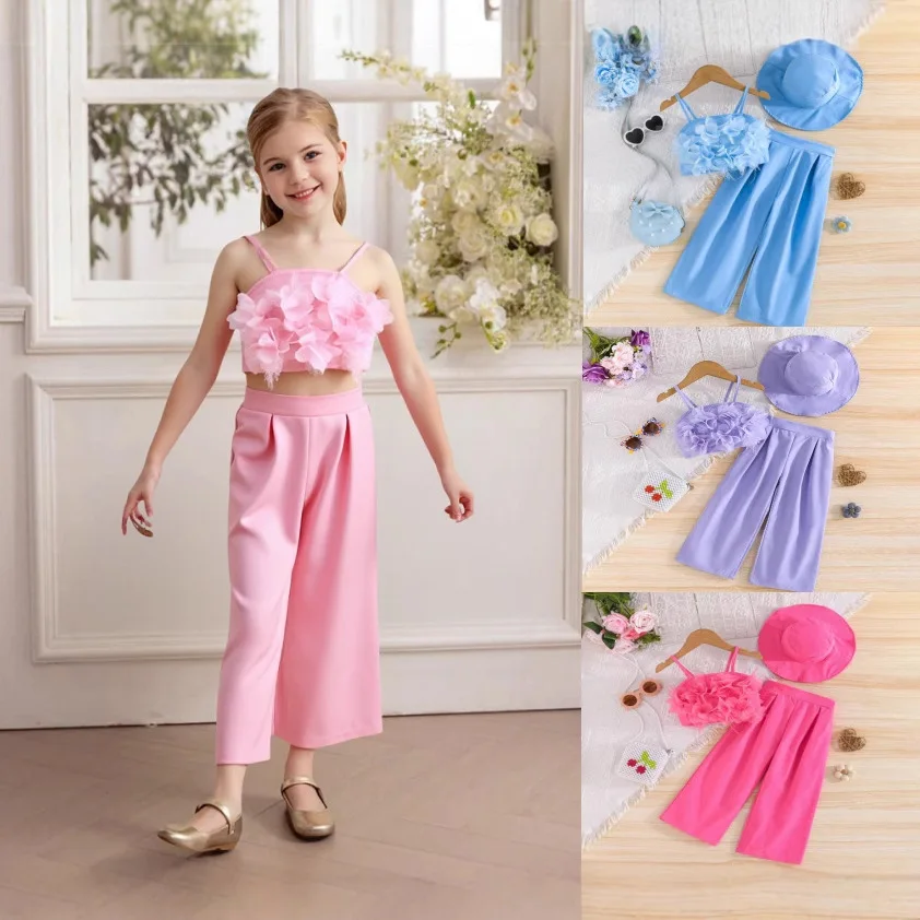 2025 new girls suspenders trousers set + hat 3 pieces temperament child suit