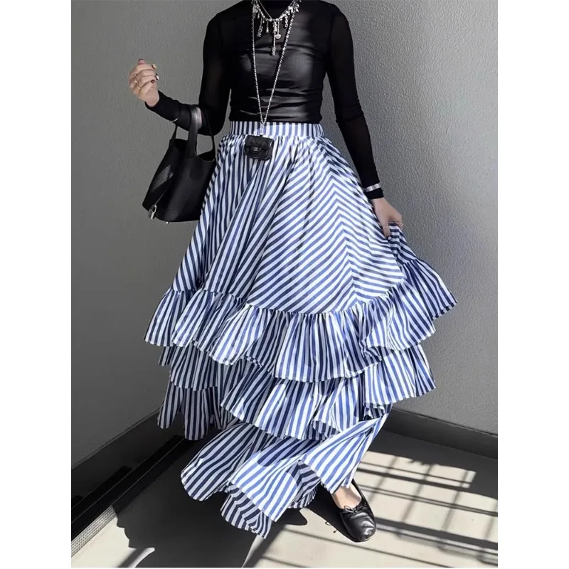 

Korean Contrast Color Stripes Loose Cake Skirt Women 2025 Summer New Streetwear High Waist Pleated Casual Mid-length Skirt