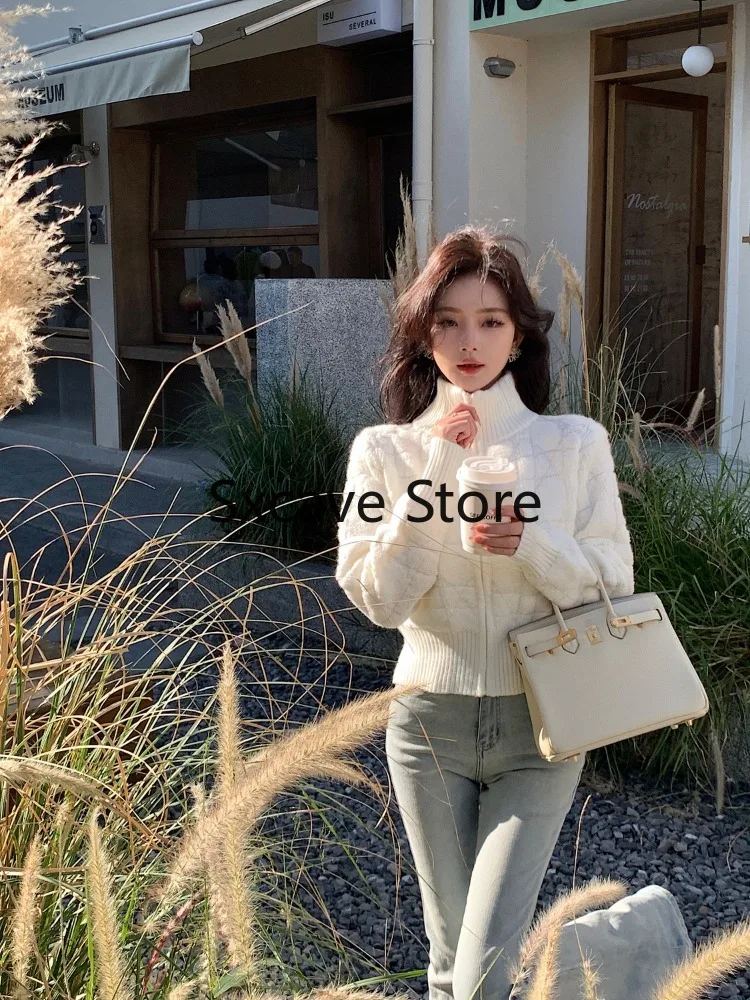 2023 Slim Elegant Zipper Turtleneck Sweaters Korean Chic Simple Y2k Aesthetic Women\'s Coats Fashion All Match Knitted Cardigans