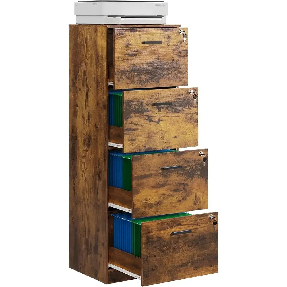 Rustic Brown Wooden File Cabinet with Lock, A4 and Letter Size Storage, Printer Stand