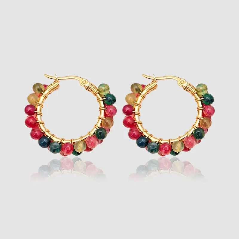 

Beaded earrings Circle Originality Crystal Hand knitting Entangle Bohemia Alloy Tide Simple Rice bead earrings