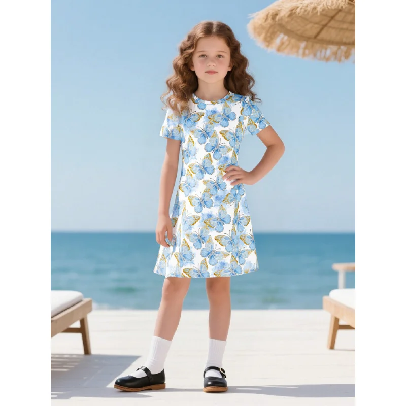 

Girls Blue Butterfly Print Casual Short Sleeve Dress
