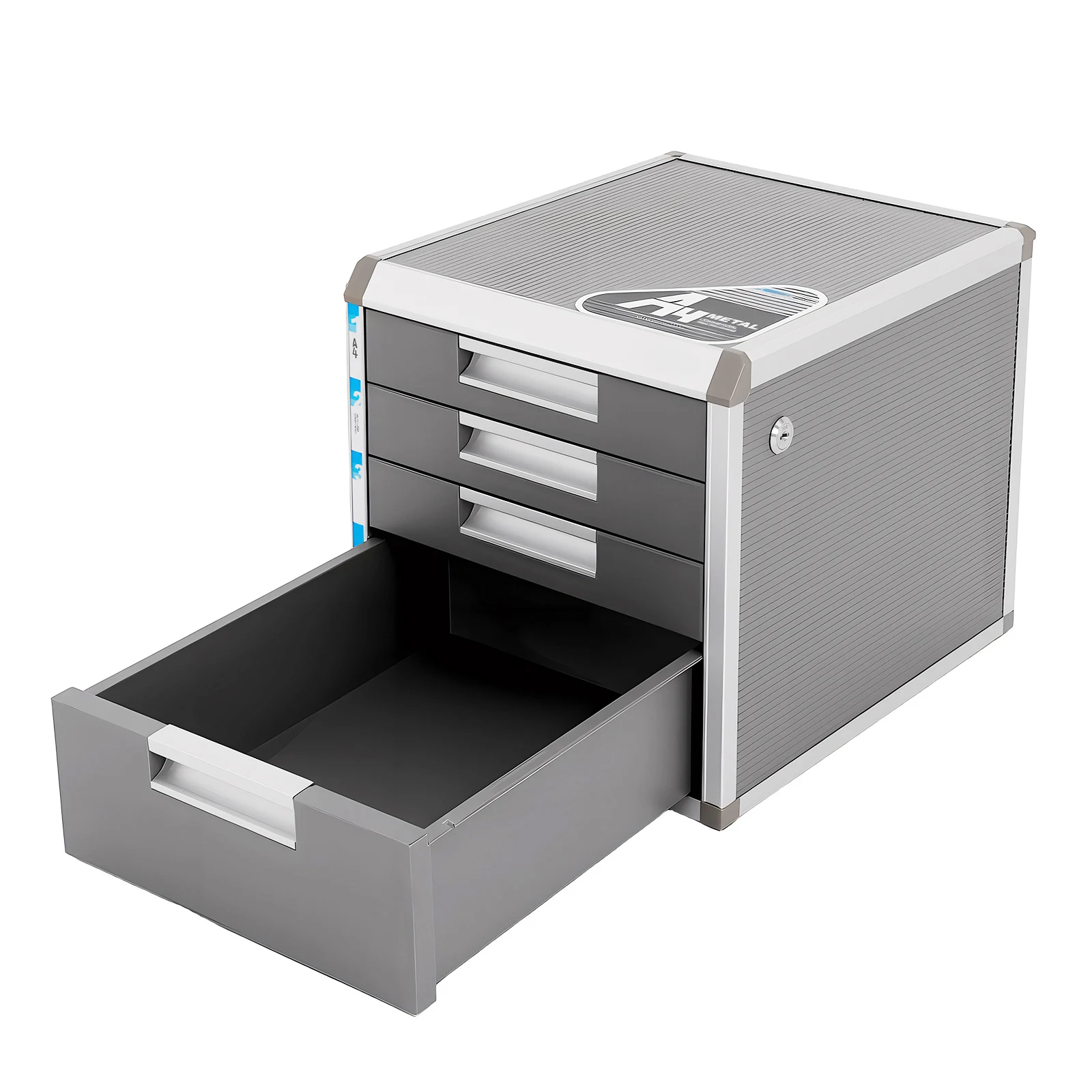 4-Tier Lockable File Cabinet, Desktop Document Organizer with 1 Large & 3 Small Drawers, Aluminum Alloy & MDF Storage Box for Office, Home