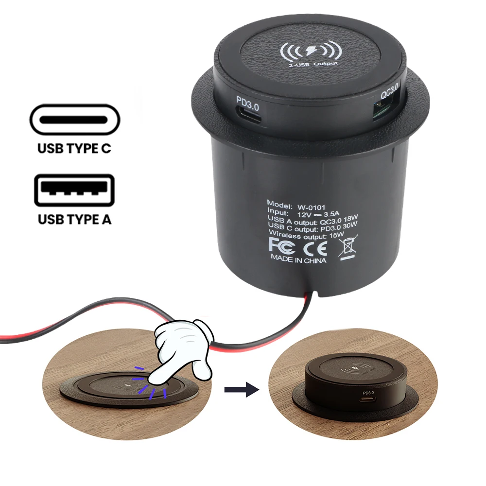 Для автомобиля RV Грузовик Прицеп Для кемпера Грузовик ATV Лодка USB Type-C Быстрое зарядное устройство PD 3.0 Розетка 15 Вт Встроенное беспроводное зарядное устройство