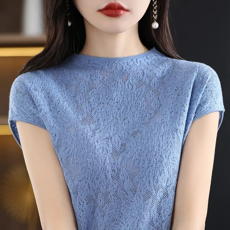 Spring and Summer Women\'s 2024 Pullover Round Neck Spliced Hollow Hook Lace Versatile Fashion Elegant Slim Fit Short Sleeve Tops