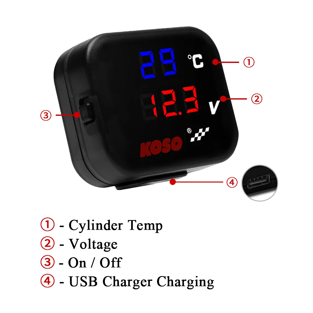 KOSO – jauge de température de culasse universelle pour moto, volt de température de cylindre, téléphone, chargement USB, Mini compteur numérique LCD 3 en 1