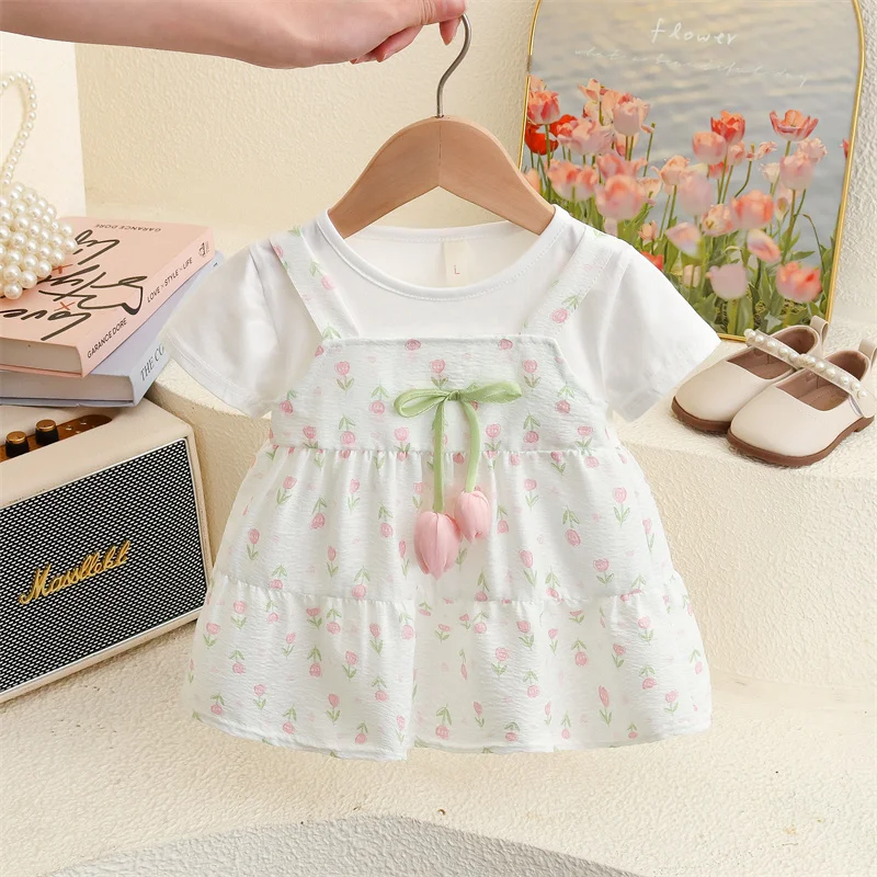

Summer New Sweet Tulip Fake Two Piece Baby Girl Dress, Soft And Comfortable Short Sleeved Clothes For Children Aged 6-24 Months
