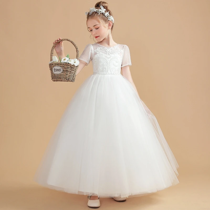 White Flower Girl Dresses Tulle Appliques Short Sleeve For Wedding Birthday Party First Communion Gowns