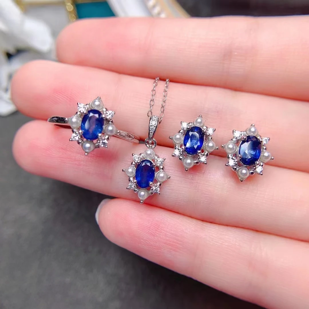 

FS Sapphire/Emerald/Opal Necklace Earrings Ring Set S925 Sterling Silver Natural Gem Fine Charm Women's Weddings Jewelry MeiBaPJ