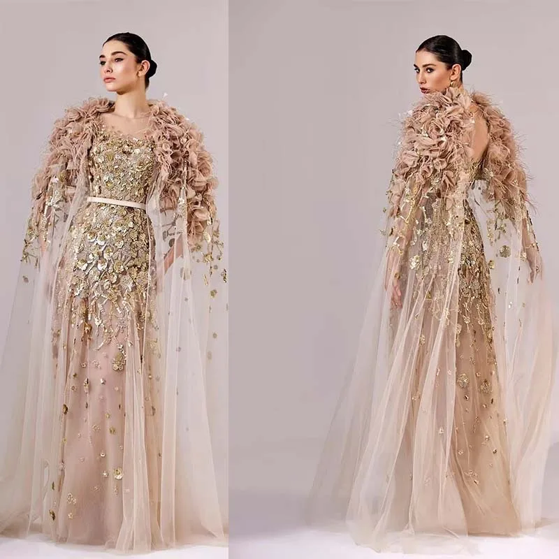 

L550 Customized Gold Beaded Flowers two Pieces vestidos de fiesta فساتين سهره evening dresses