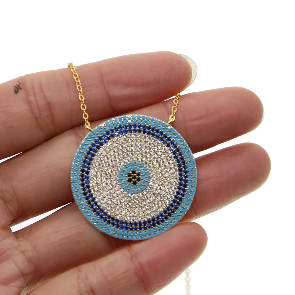 High Quality New Fashion Lucky Charm Micro Pave Bling Cubic Zirconia Blue Eye Pendant Necklace Elegant Women Girl Jewelry