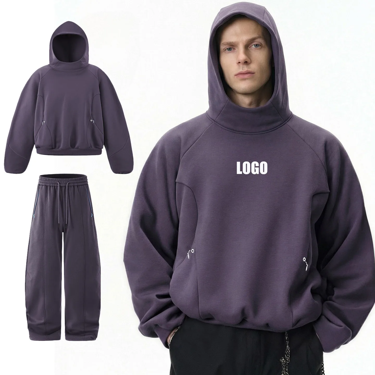 Custom LOGO men's 340G cotton polyester fleece sweater winter new eggshell fleece hoodie scimitar sweatpants couple suit