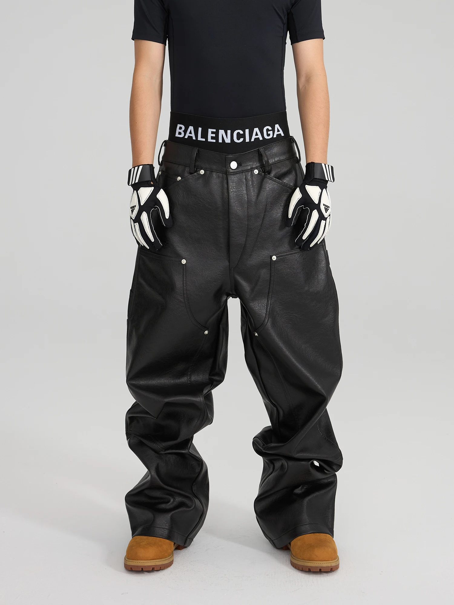 Daily Wear PU Leather Pants Astt B Autumn Winter Double Knee Wide Leg Straight Cut Commute Casual Pants Metal Decorations