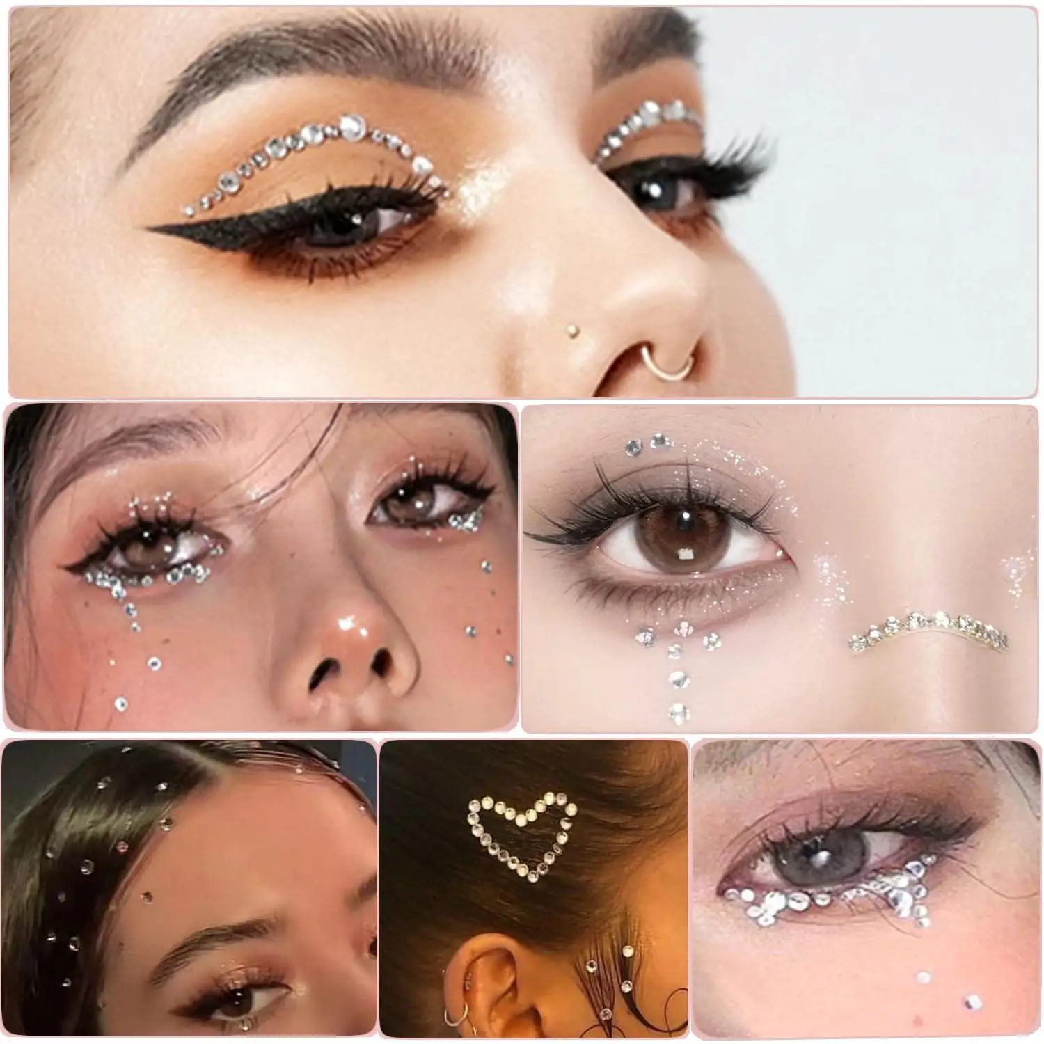 Self Adhesive Face Jewels 3/4/5/6/8/10mm Gem Rhinestone Stickers for Face Eye Body Hair Nails Make up and Craft DIY with Tweezer