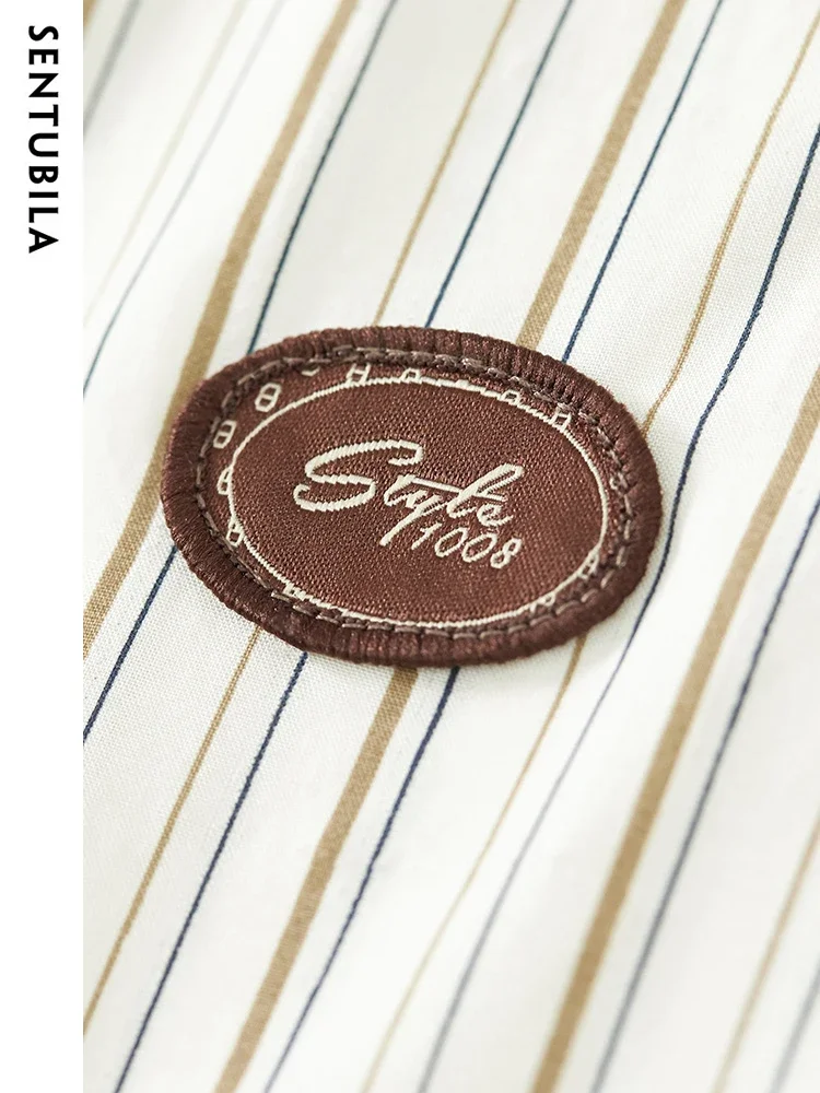 SENTUBILA Polo Striped Shirt for Women 2025 Spring New Fashion Long Sleeve Button Up Blouse Lady Letter Contrast Top 133C50734