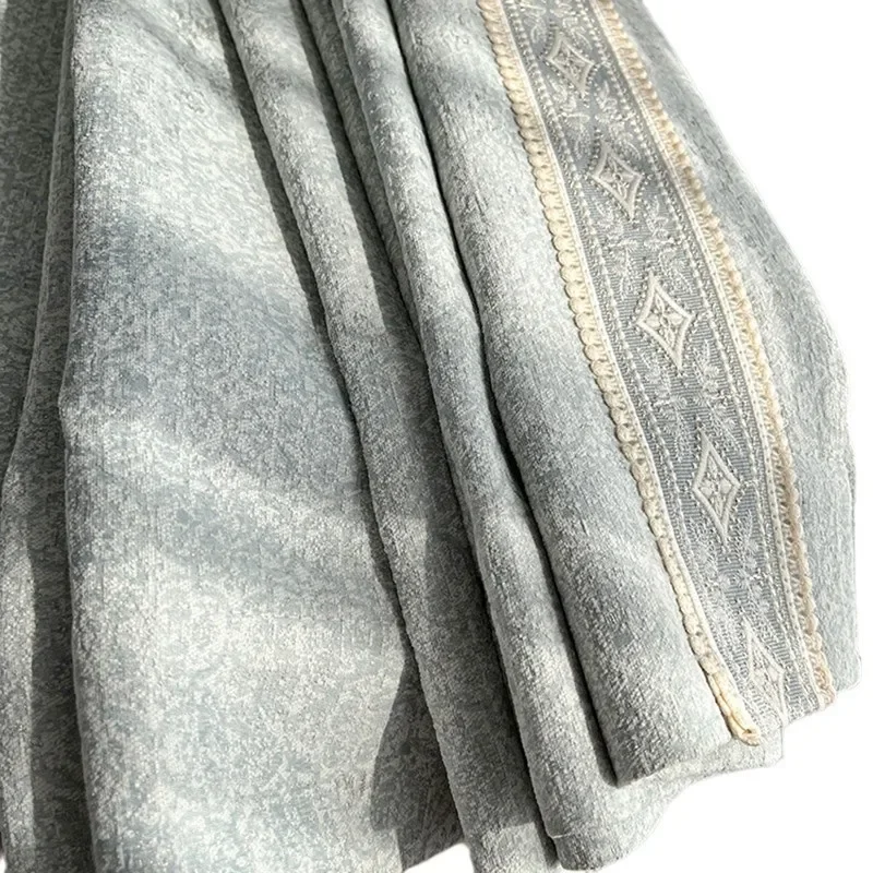 French Retro Dark Texture Chenille Grey Blue Lace Splicing Curtains for Bedroom Living Room French Window Balcony Customized - Image 5