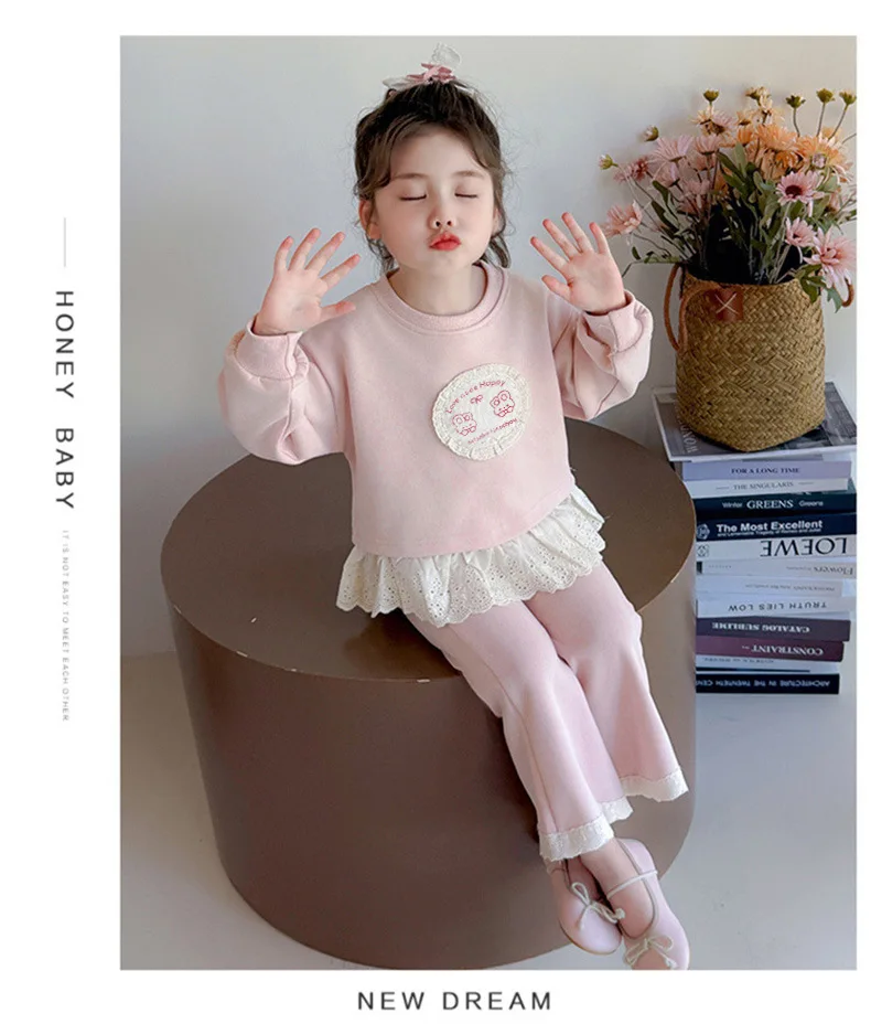2026 Neues Herbst-Set für Mädchen, 2-teilig, Kinder-Sweatshirt mit süßem Muster, Spitze und Rüschensaum, Hosenanzug, lässiges Prinzessinnen-Outfit für Kinder, 0-10 Jahre – Detail 7