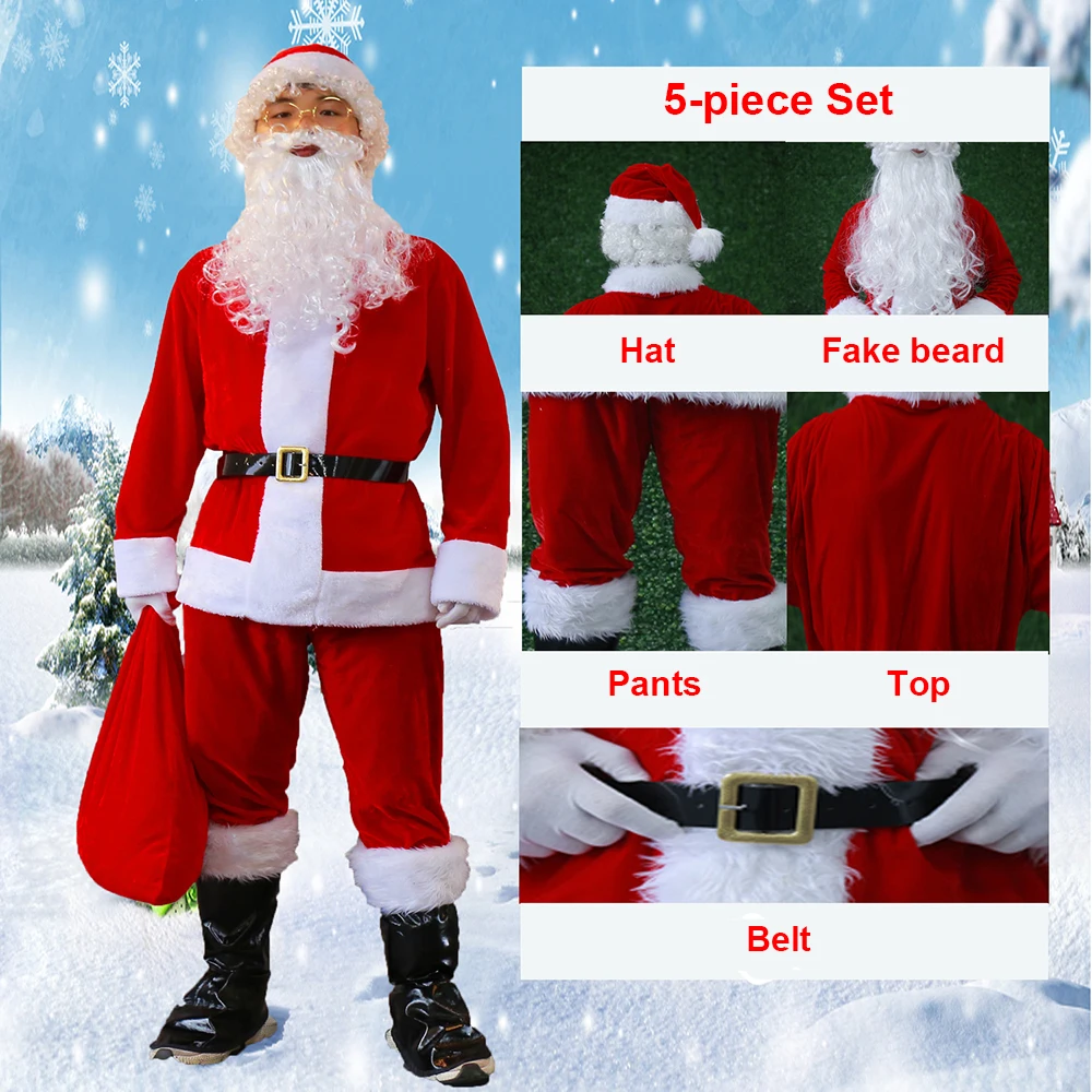 Disfraz de Papá Noel para hombre y mujer, conjunto de 5 piezas de terciopelo rojo, traje cálido de Papá Noel para fiesta de Navidad, Cosplay de Navidad para adultos