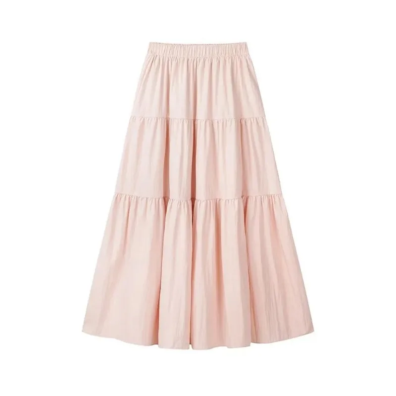 

Женская светло-розовая длинная юбка с эластичной резинкой на талии, многоуровневая юбка трапециевидной формы с рюшами для повседневной носки