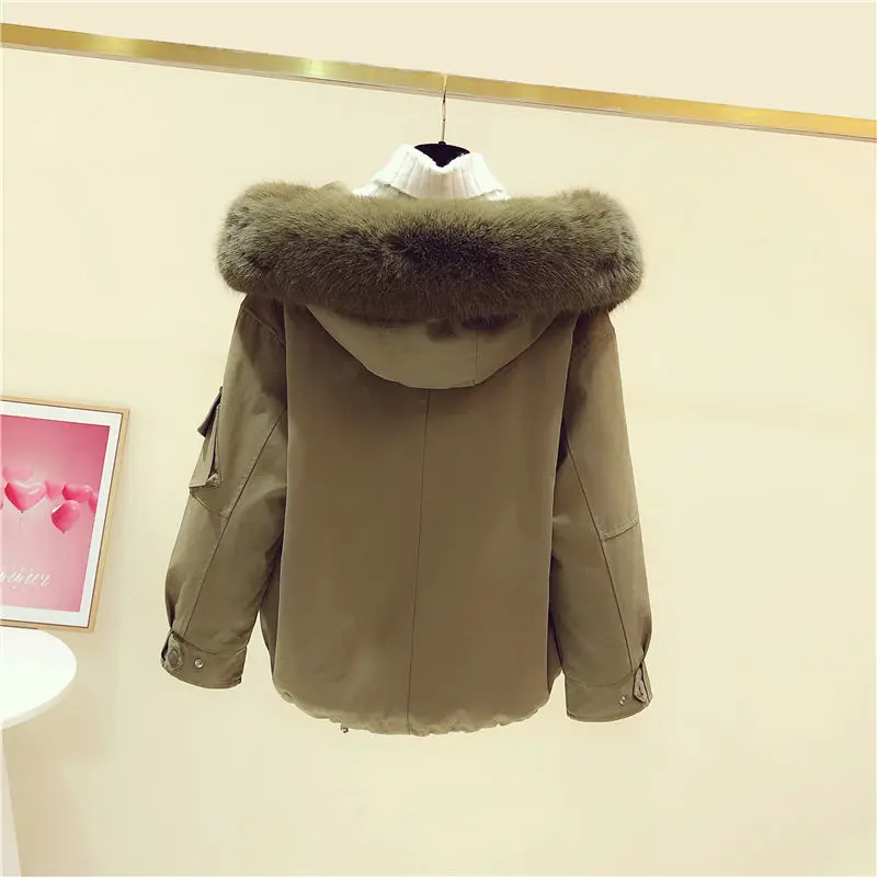 2023 Autumn Winter Fashion Women Coat Hooded Big Fur Neck Zipper Long Sleeve Coat Casual Loose Plush Warm Short Cotton Jackets