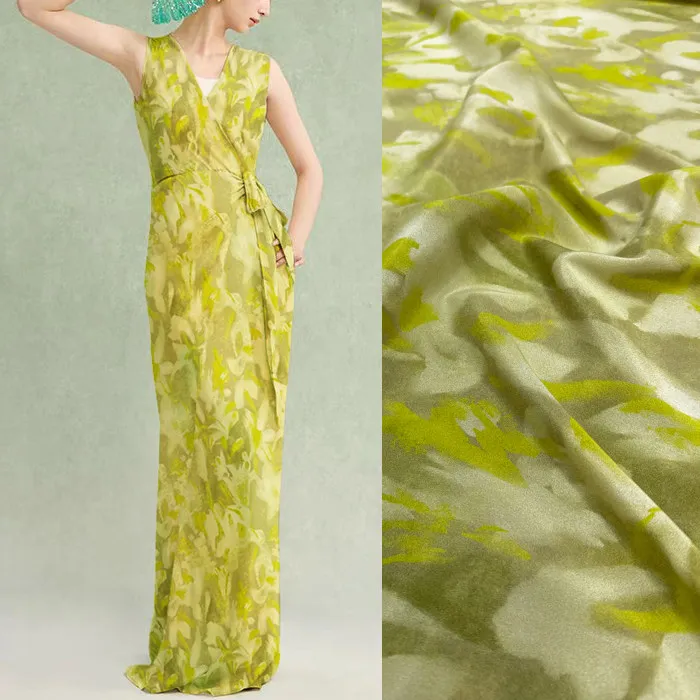 

Lime Green Abstract Floral Silk Stretch Crepe De Chine Fabric Mulberry Silk Material for Dresses