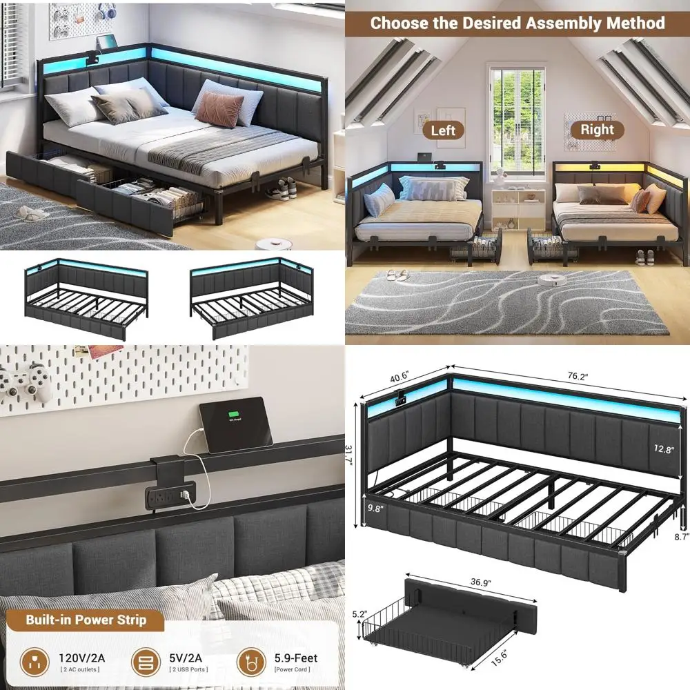 

Двуспальная кушетка с местом для хранения вещей, спинкой с обивкой из льна, детская угловая кровать со светодиодной подсветкой