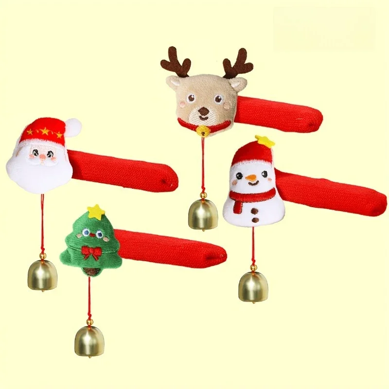 4pcs Christmas Door Handle Covers with Bells & Detachable Decorations - Santa Claus, Snowman, Reindeer & Tree Door Decorations