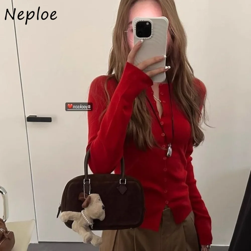 

Neploe простой тонкий уникальный джемпер во французском стиле, однотонный однобортный пуловер с круглым вырезом и длинными рукавами, новая повседневная майка в стиле вестерн