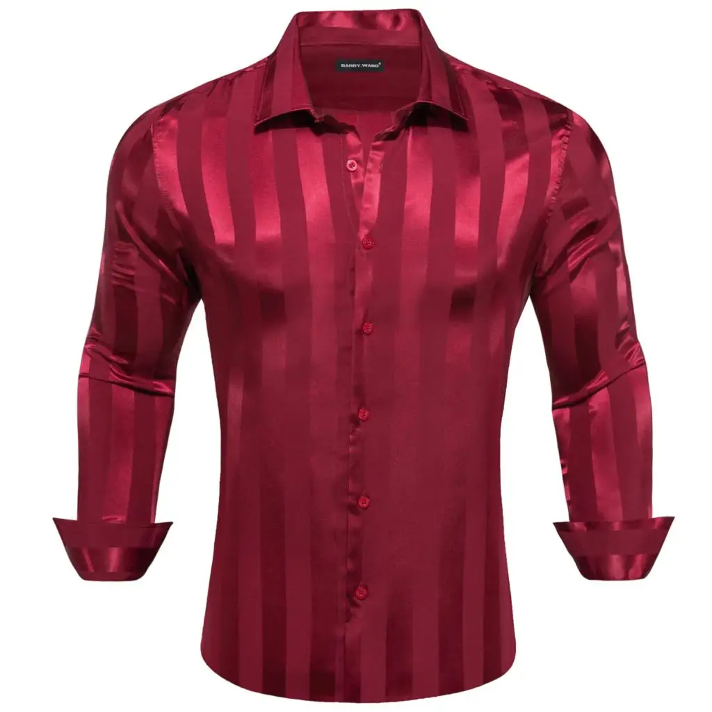 Luxury Shirts for Men Silk Mercerized Solid Striped Black White Red Blue Green Gold Slim Fit Male Blouses Casual Tops Barry Wang