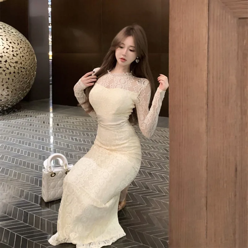섹시한 솔리드 레이스 패치 워크 롱 드레스 여성 어깨 쉬어 레이스 업 슬림 피트 Bodycon 드레스 봄 우아한 긴 소매 파티 가운