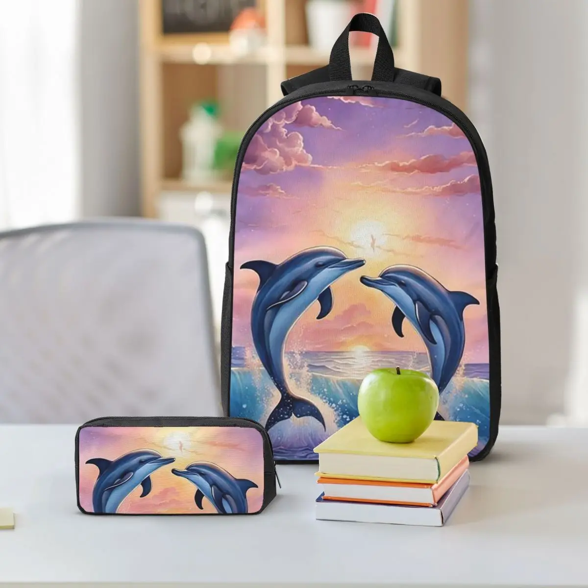 Two Charming Dolphin In Sea Backpack Student BookBag School Bag Shoulder Bags 3ps Insulated Lunch Bag Pencil Case
