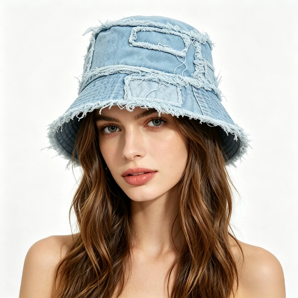 Unisex Washed Denim Autumn Bucket Hat For Women Patchwork Designer Female Tassel Edge Summer Beach Panama Fisherman Cap Gift