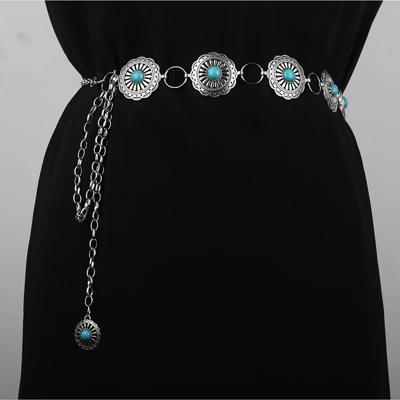 Western Concho Chain Belt For Women Girl Bohemia Turquoise Chain Belt Adjustable Metal Belt For Cowgirl Dresses Jeans Western Je