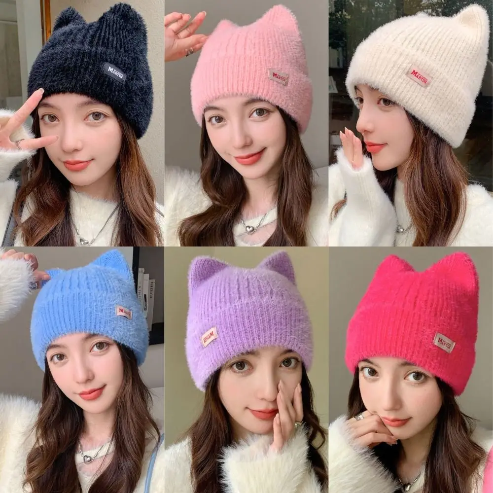 Cat Ear Earflap Women Knitted Hat Cute Candy Color Faux Fur Pullover Cap Kpop Style Winter Hat Women Girls