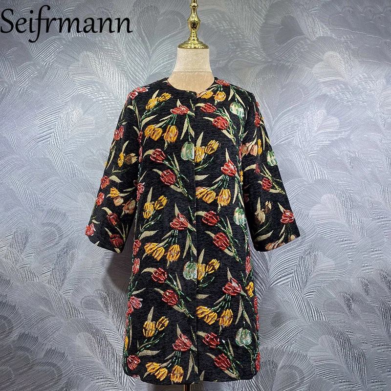 

Seifrmann 2026 Summer Women's clothing New Fashionable Round Neck Long Sleeve Nail Bead Jacquard Long Coat