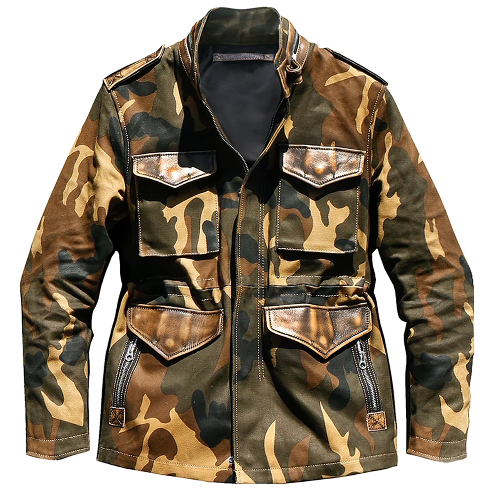 

Outdoor Winter Mens Trench Coat High Quality Canvas Cowhide Military Mans Jacket Camouflage Windbreaker Overcoats American Style